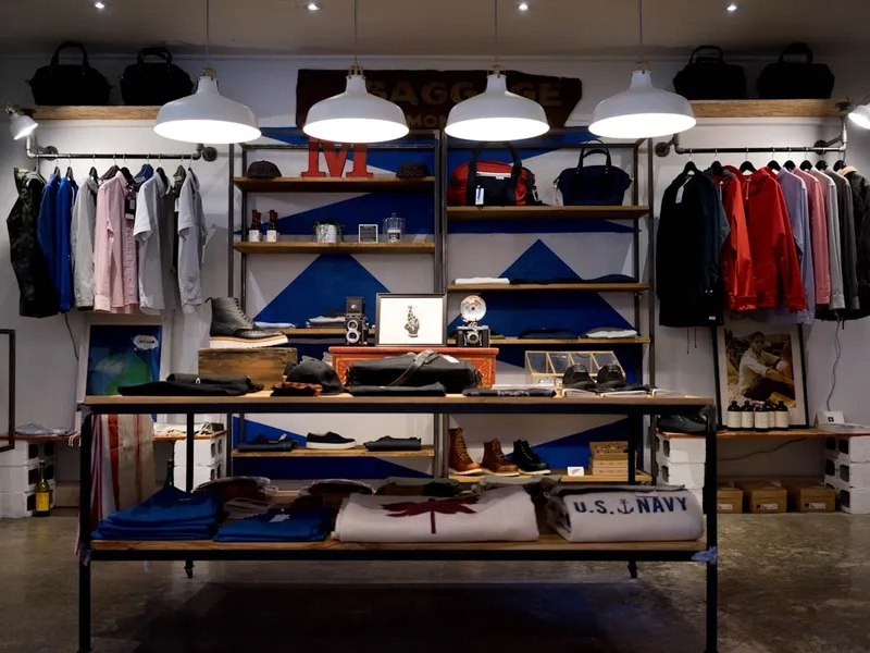 Interior de una tienda de ropa con prendas colgadas, estanterías de madera y lámparas industriales