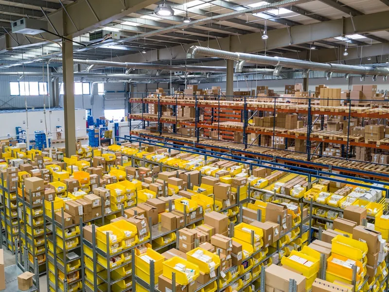 Vista elevada de un almacén logístico con estanterías, cajas de cartón y bandejas amarillas
